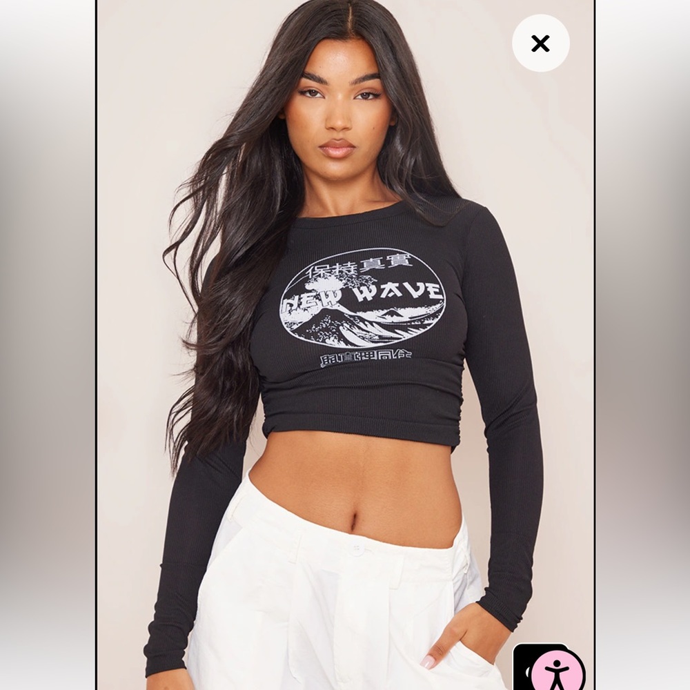 Black New Wave Long Sleeve Crop Top - BLACK